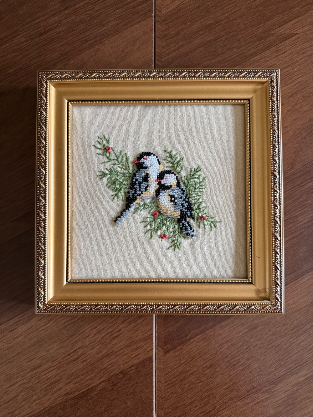 Framed Cross-Stitch Birds Embroidery in Gold Frame